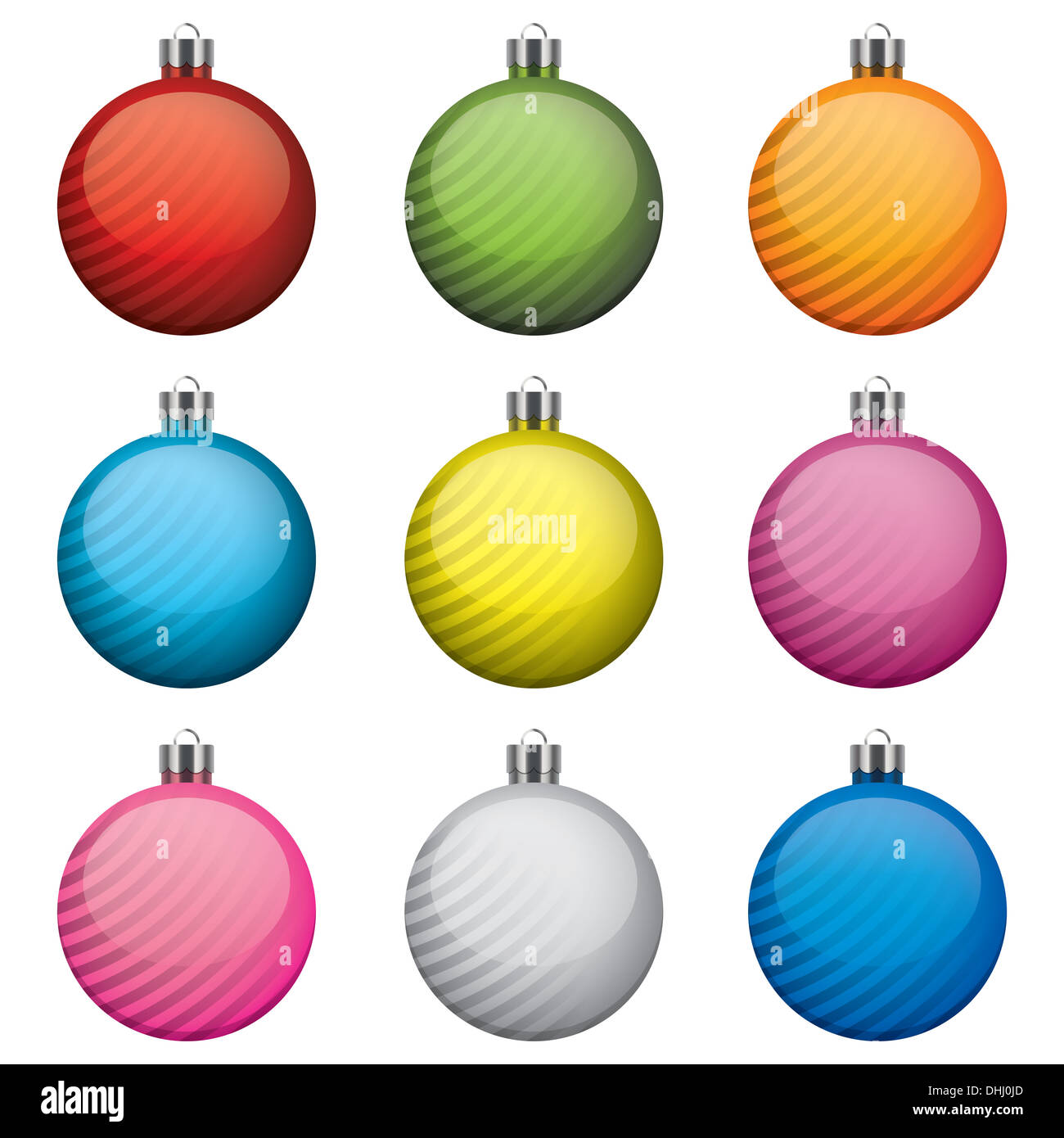 Boules de Noël, différentes couleurs et modèles, isolé sur fond blanc Banque D'Images