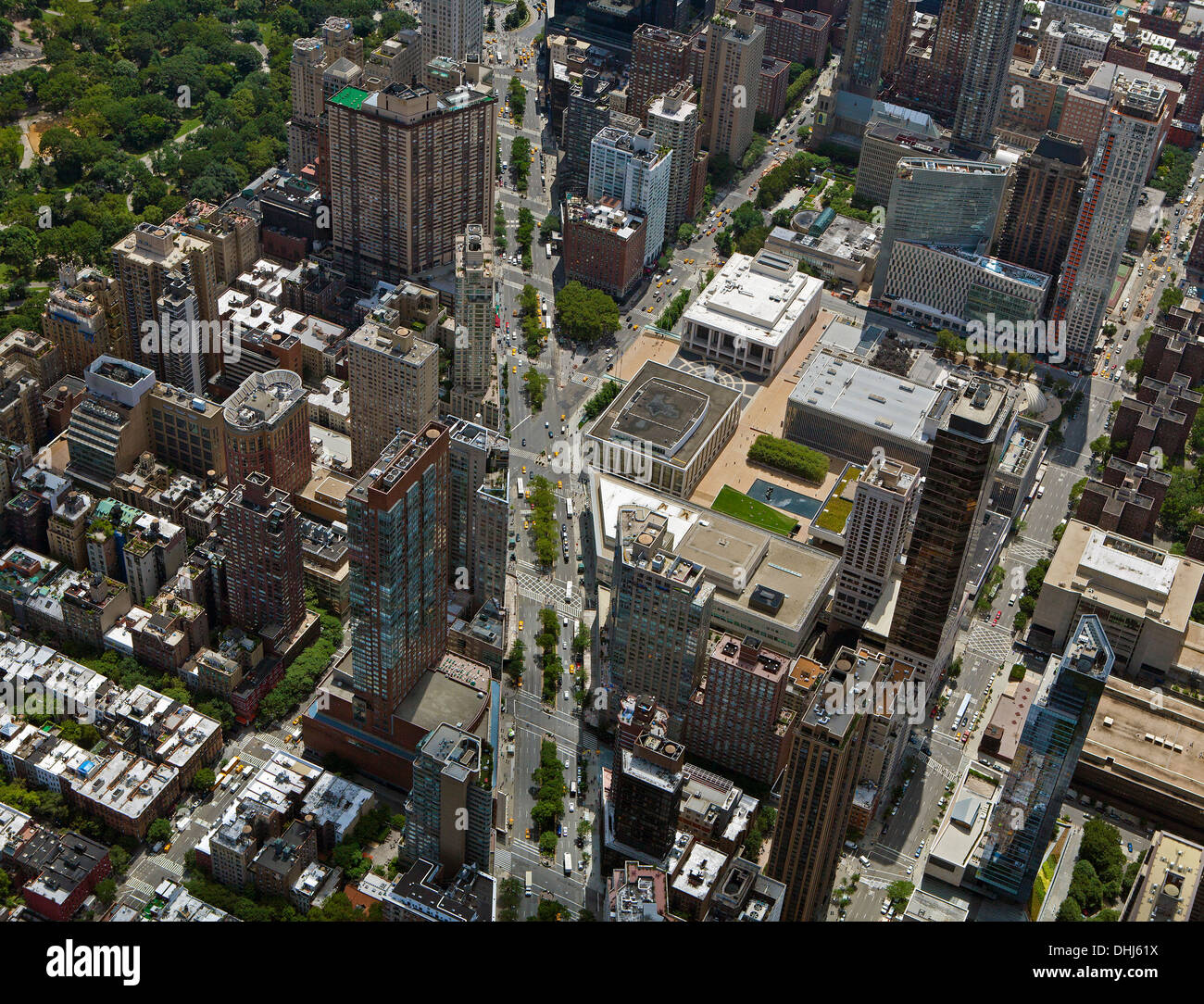 Photographie aérienne Broadway et Columbus Avenue, Lincoln Square, Manhattan, New York City Banque D'Images