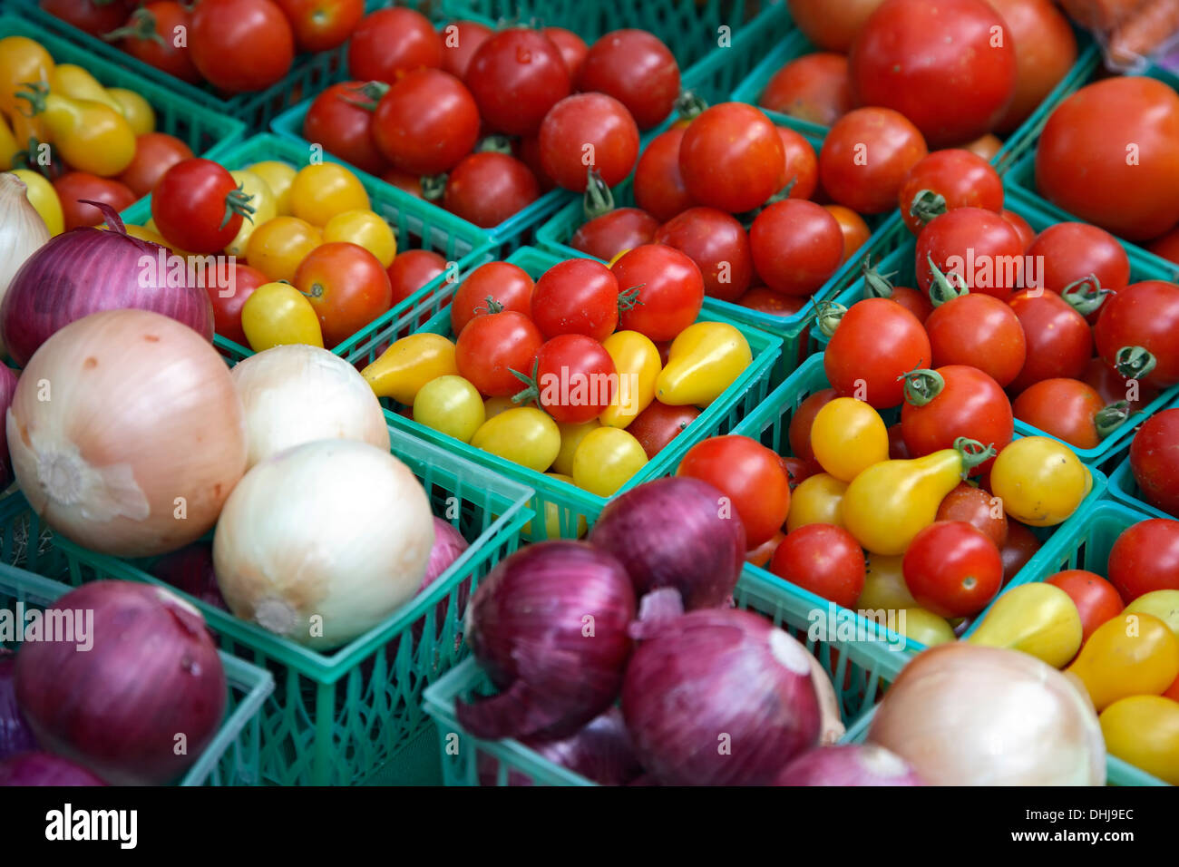 Les oignons et les tomates, Farmers' Market, Quartier Gare, Santa Fe, Nouveau Mexique USA Banque D'Images