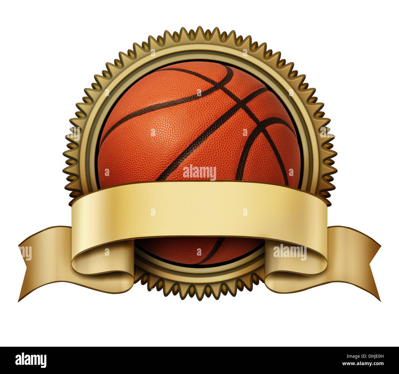 Basket-ball award crête sur un médaillon d'or pour les tournois de compétition avec une zone vide pour ruban de copier l'espace comme un symbole Banque D'Images