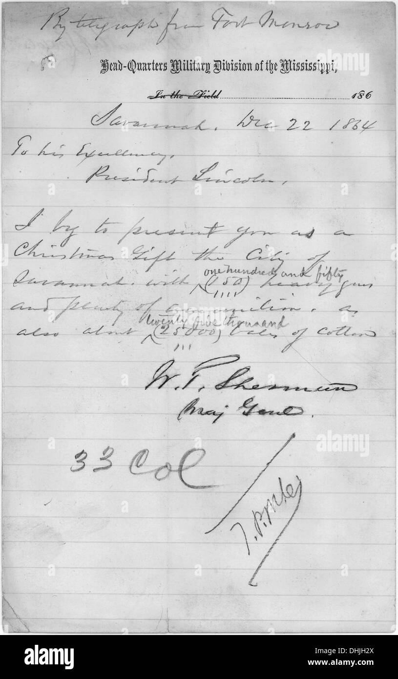 Un télégramme du général William T. Sherman au président Abraham Lincoln, annonçant la reddition de Savannah, en Géorgie, pendant la guerre de Sécession, marquant un moment important dans l'histoire américaine. Banque D'Images