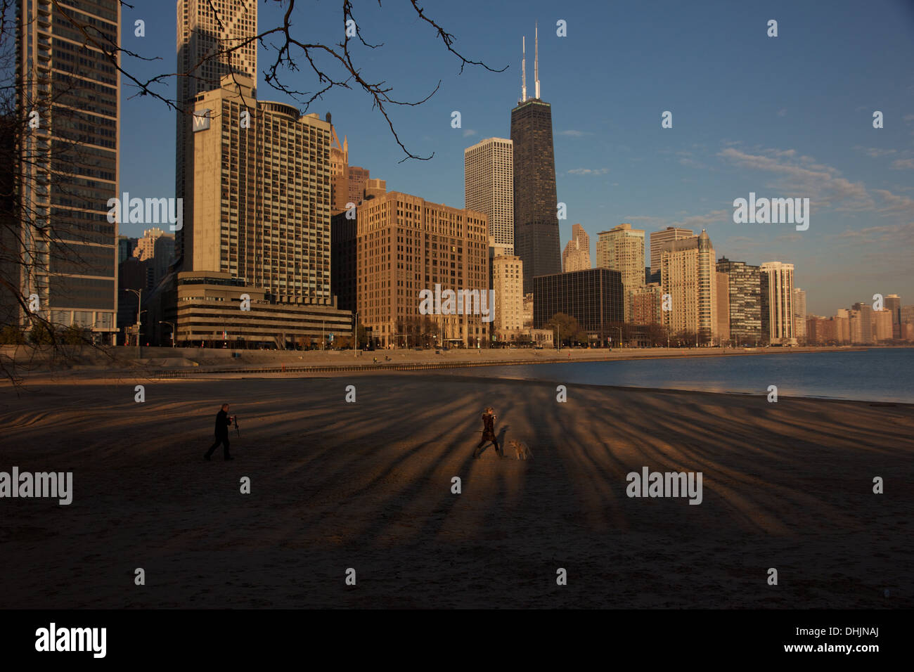 Horizon de Chicago à partir de la rive du lac Michigan à l'aube, les ombres des arbres et des chiffres sur la plage Banque D'Images