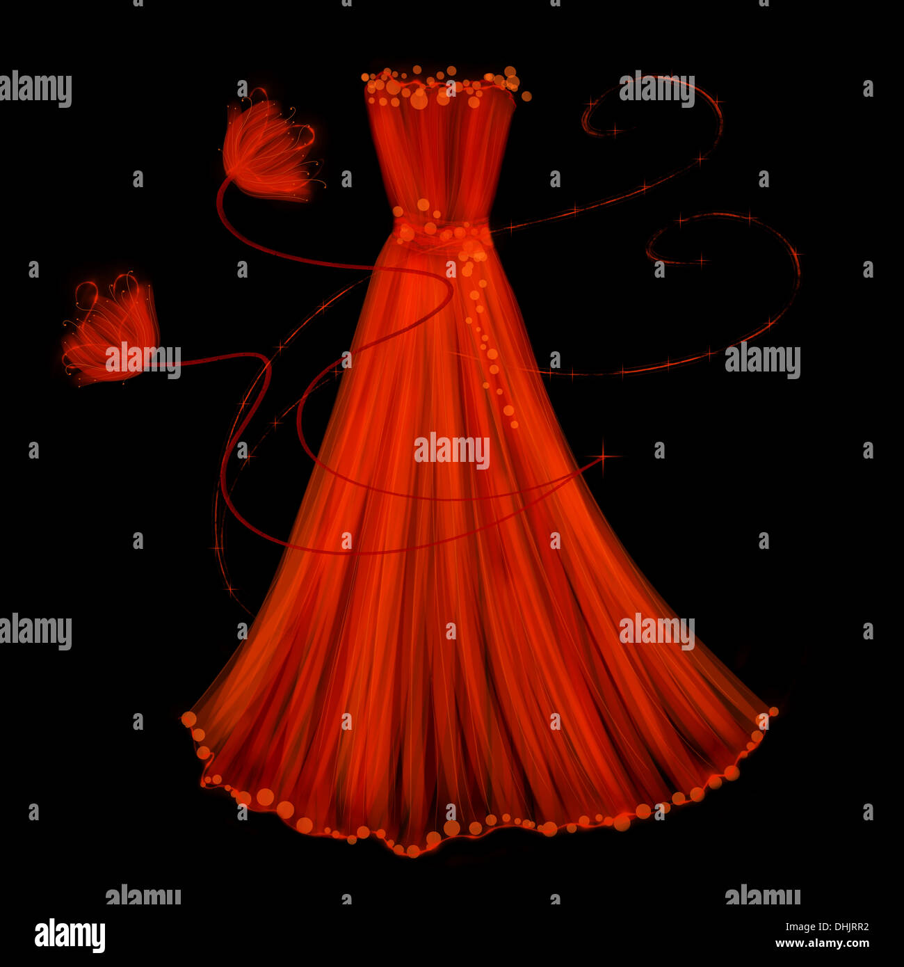 Soirée robe rouge sur un fond noir. L'illustration de mode. Style abstrait. Banque D'Images