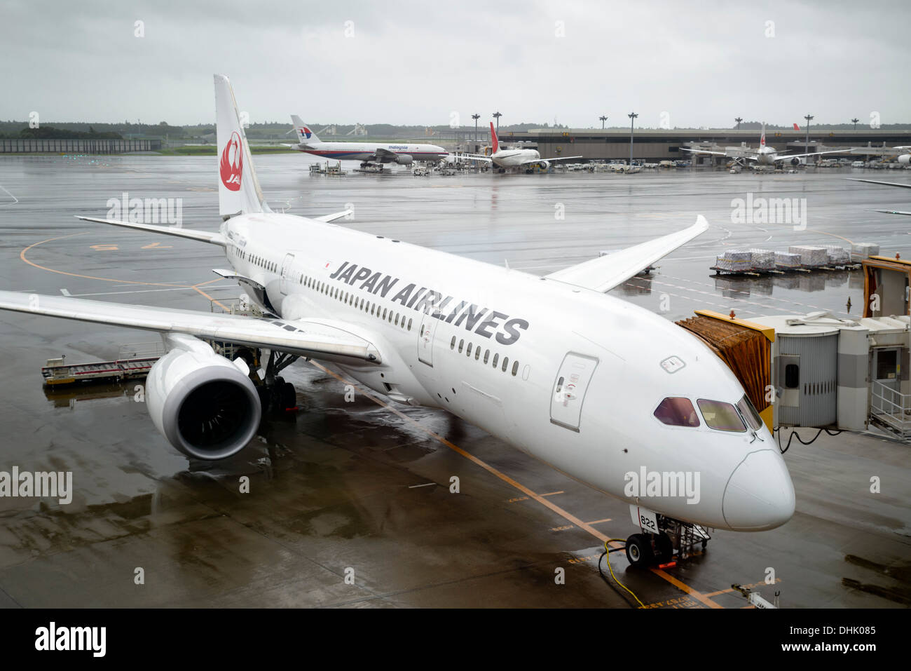 Un avion de Boeing 787 Dreamliner, exploité par JAL (Japan Airlines), en attendant le départ de l'aéroport de Narita, Tokyo. Banque D'Images