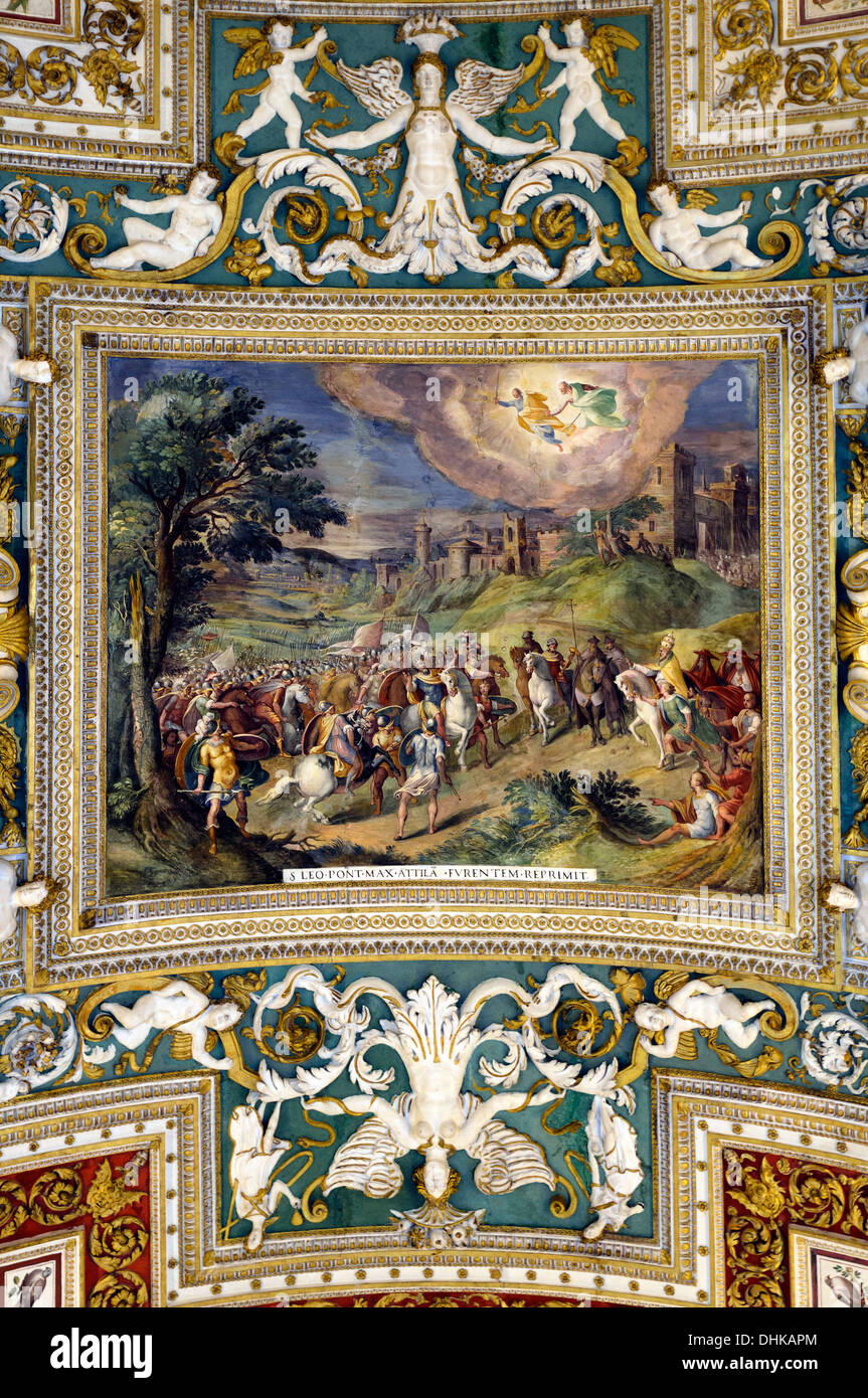 La rencontre entre Léon le Grand et Attila dans la voûte - Galerie de cartes au Musée du Vatican - Rome, Italie Banque D'Images