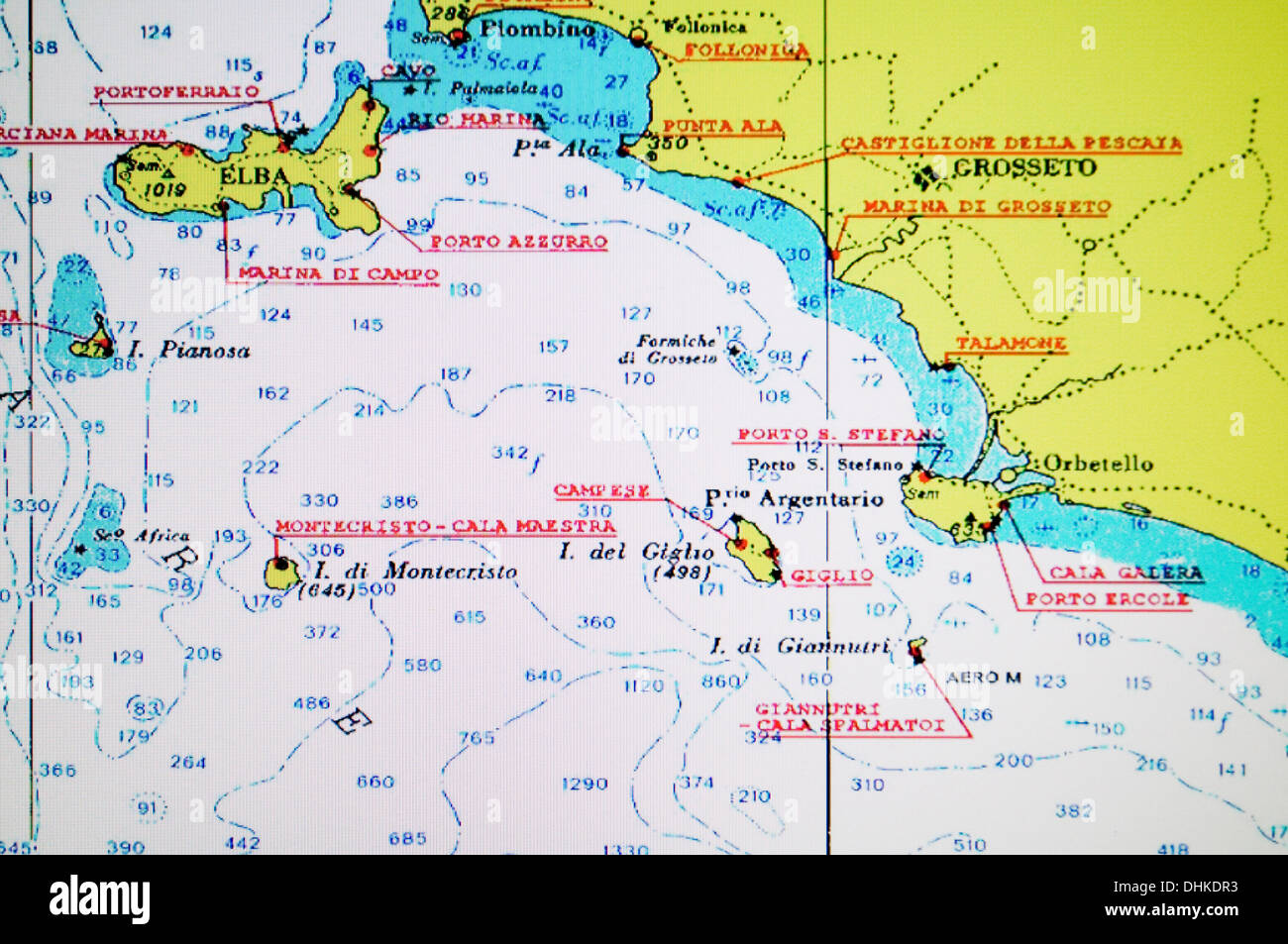 Capture d'écran de carte nautique de la côte toscane et îles de Tirrenian sea, Italie Banque D'Images