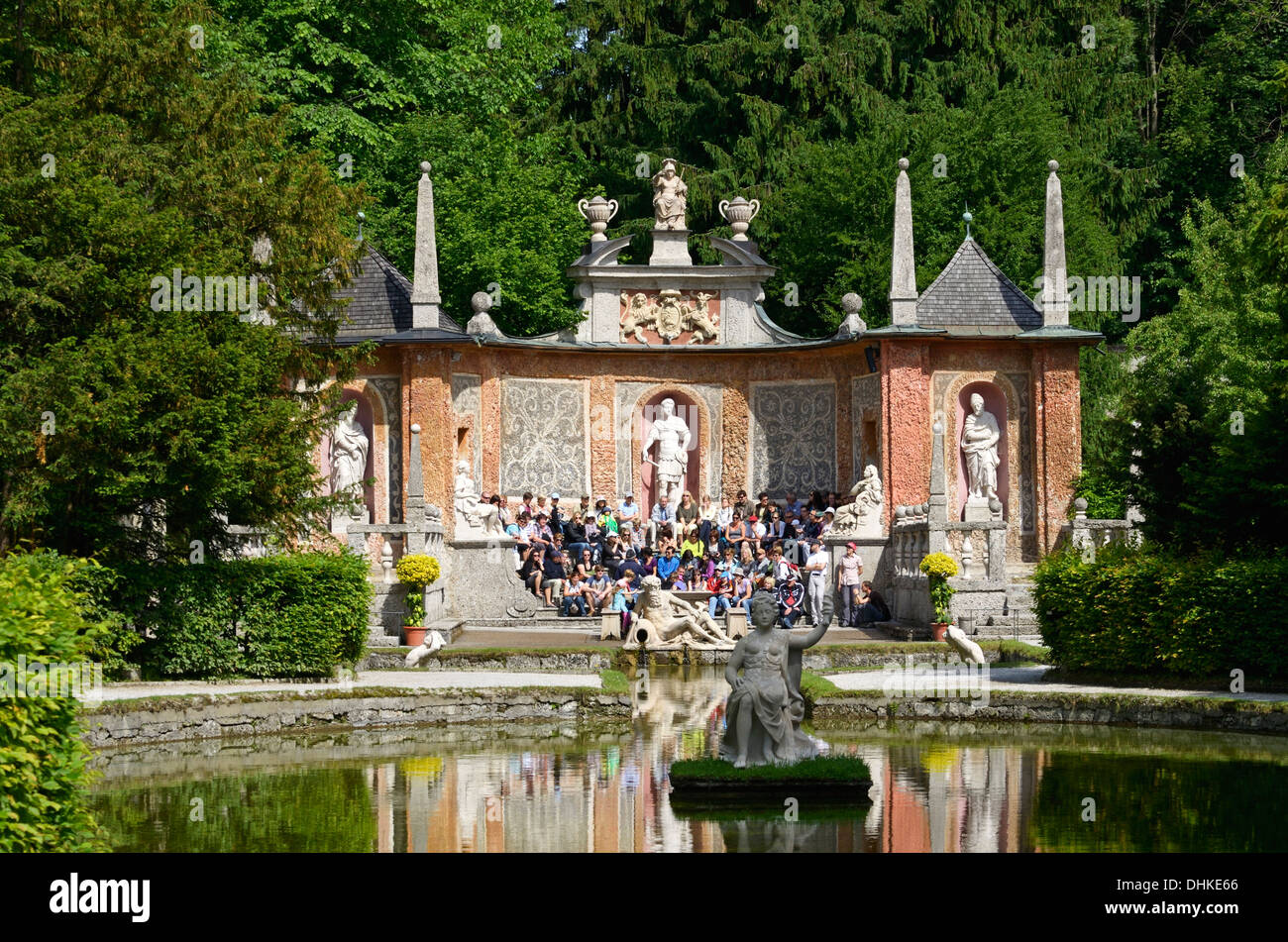 Theatre et de l'eau dans les jardins du Palais Hellbrunn, Salzbourg, Autriche Banque D'Images