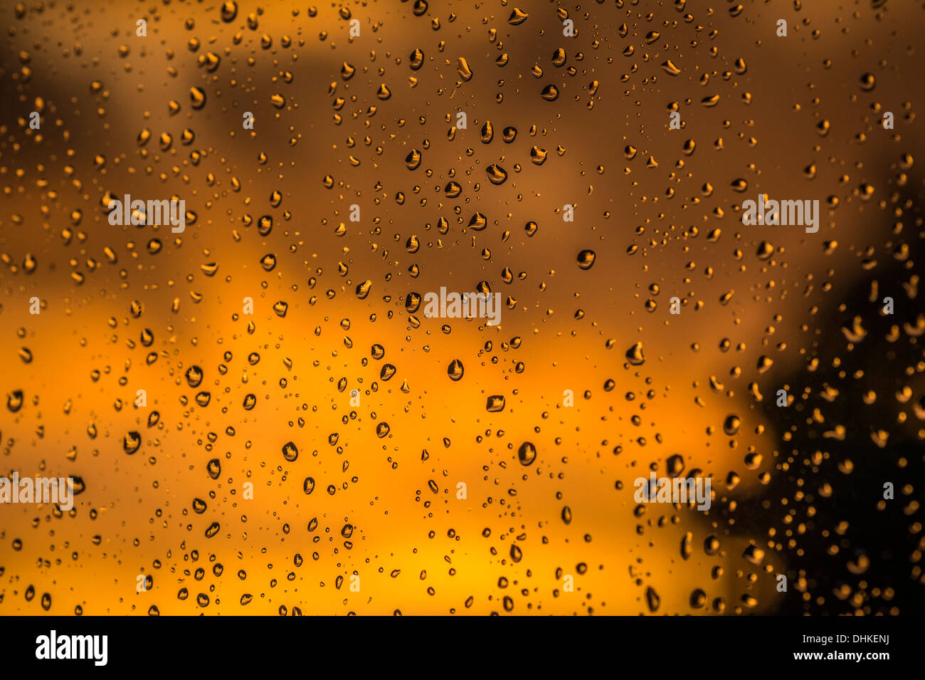 Gouttes de pluie sur la vitre pendant le coucher du soleil Banque D'Images