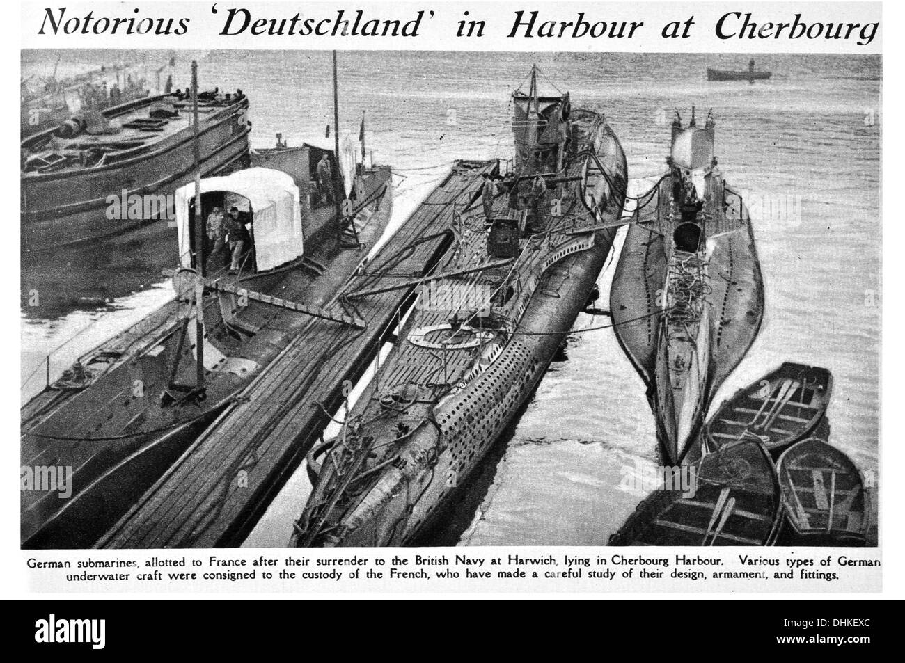 Célèbre « Deutschland dans port de Cherbourg, les sous-marins allemands attribués à la France après leur remise à la marine britannique Banque D'Images