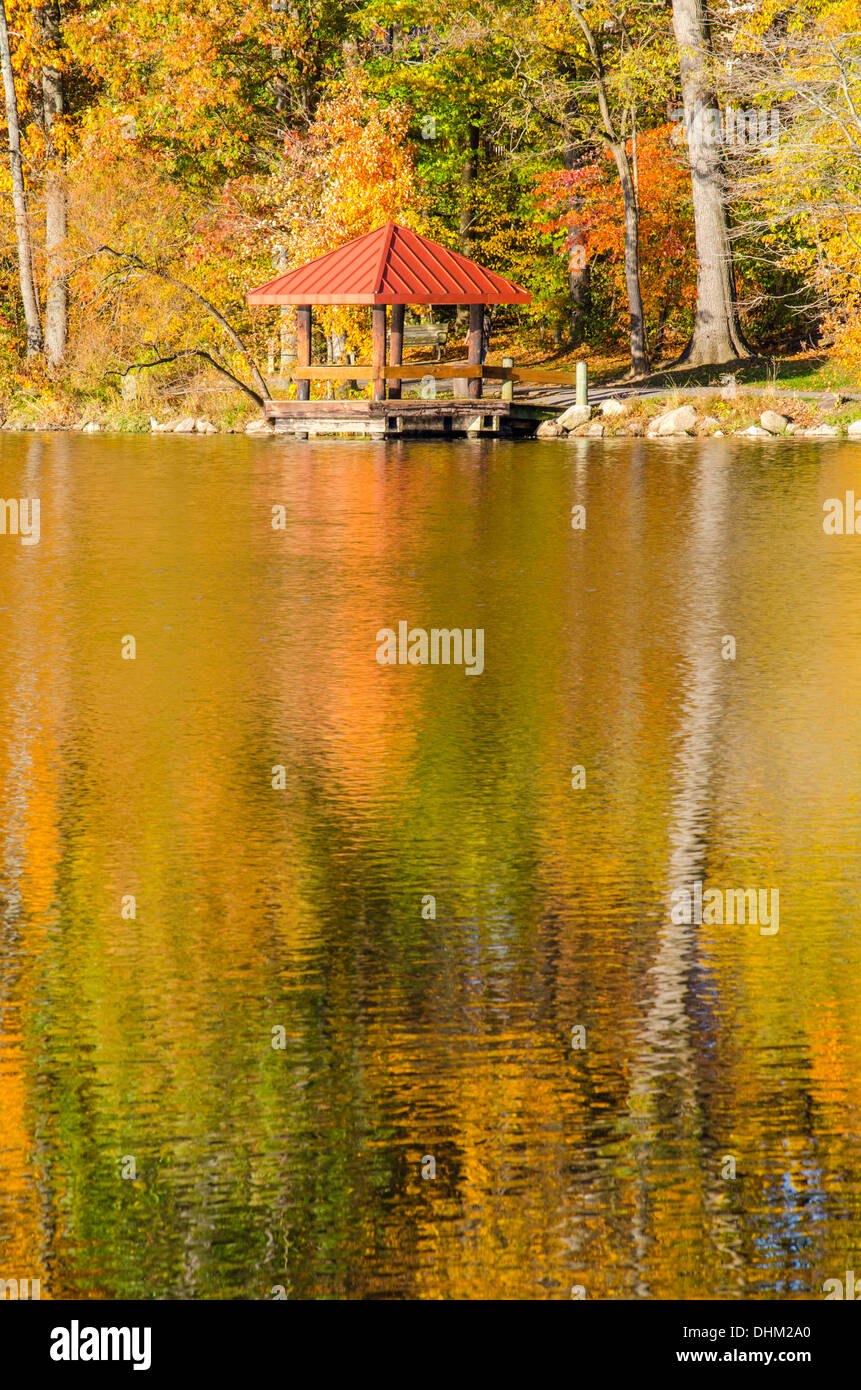 Couleurs d'automne sur les arbres se reflétant dans le lac Elkhorn dans Columbia, Maryland Banque D'Images