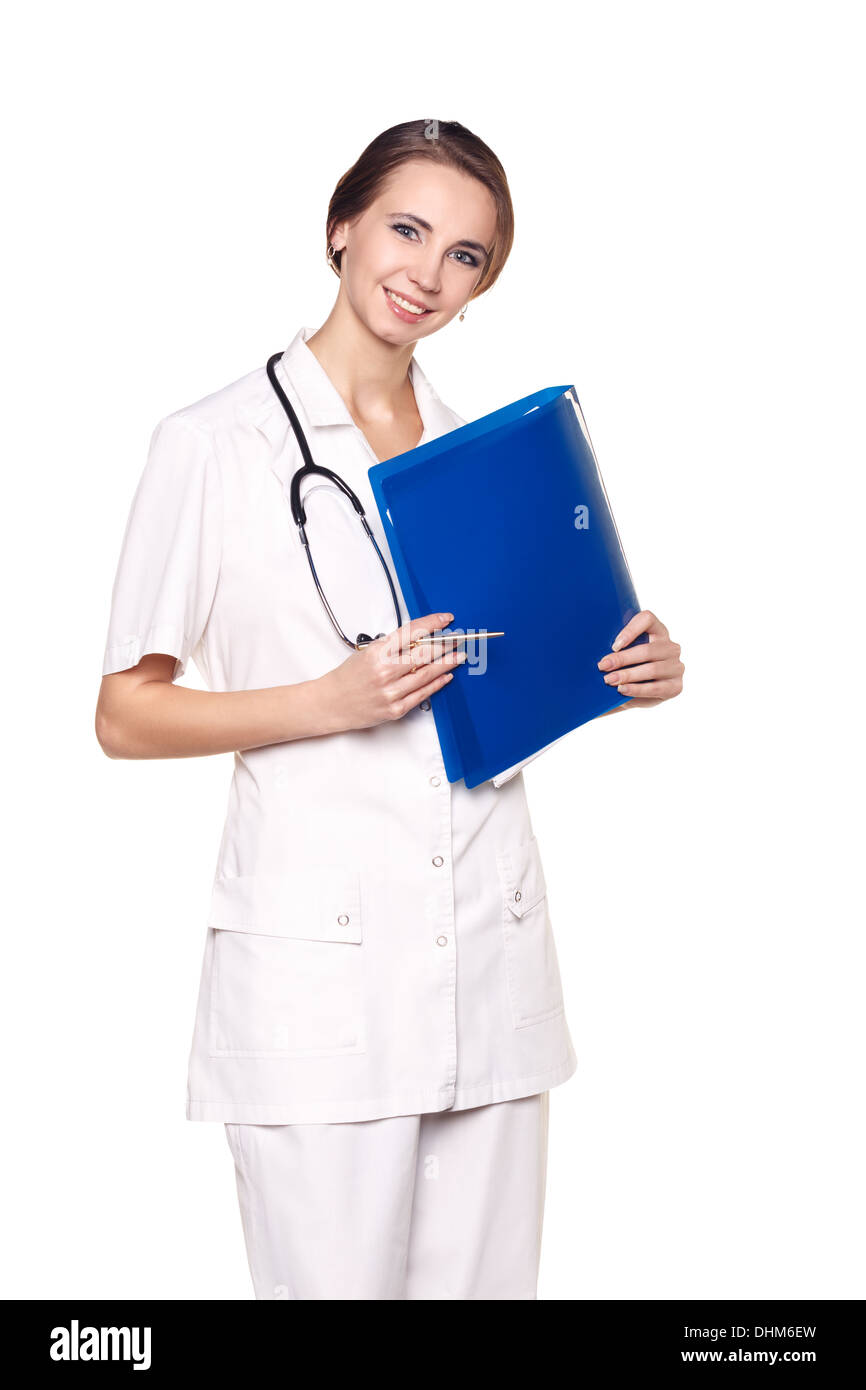 Friendly nurse holding chart Banque D'Images