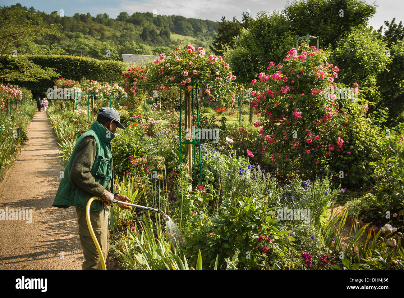 Des arrosages frontière fleur jardinier dans le jardin de Monet à Giverny France UE Banque D'Images