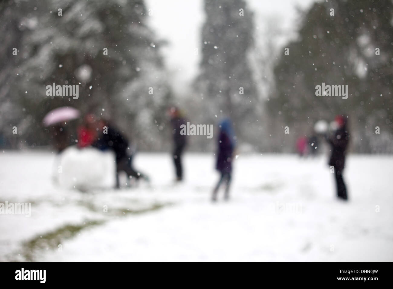 Les gens de jouer dans la neige faire un bonhomme de neige dans le site de verdure Banque D'Images