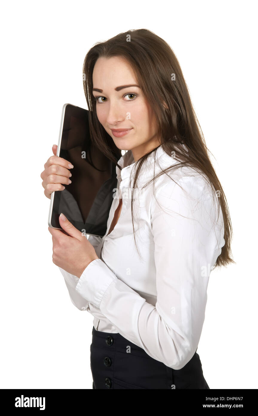 Woman hugging-digital tablet Banque D'Images