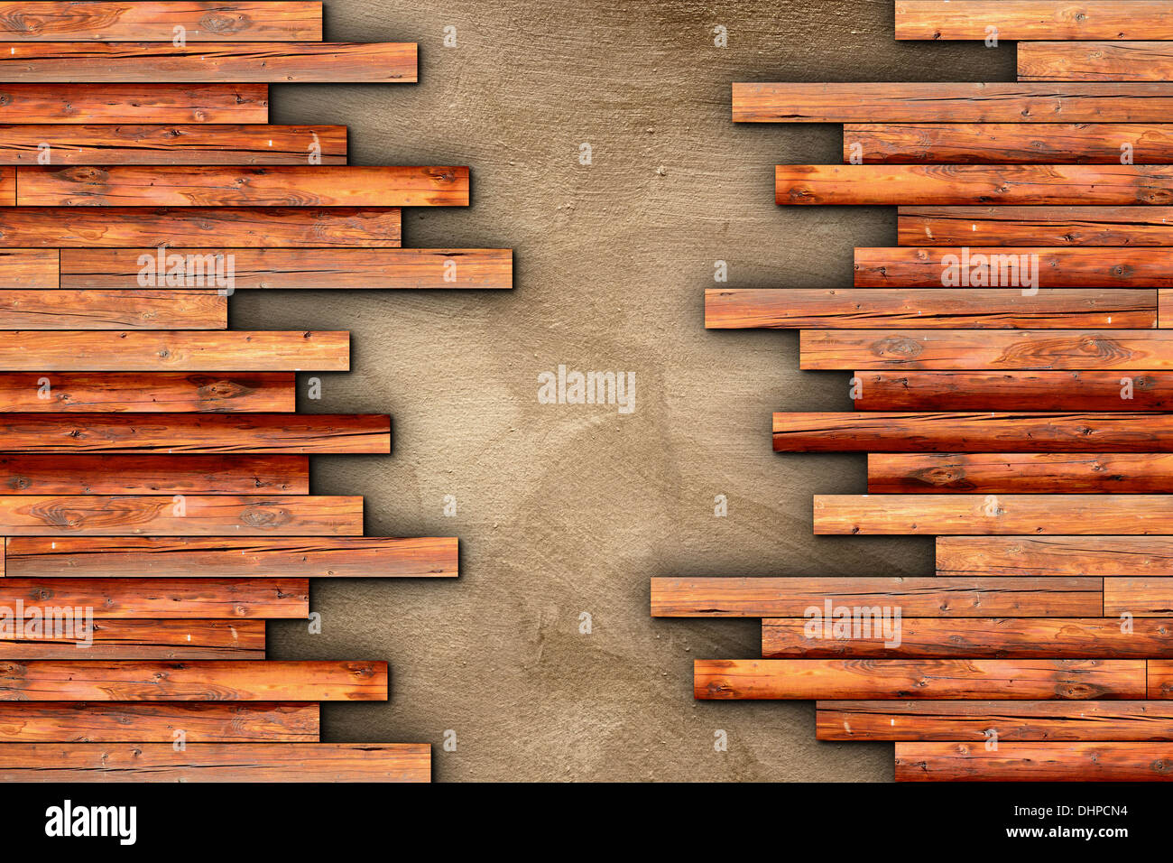 Planches en bois patiné beige finition de sol sur la surface de ciment Banque D'Images