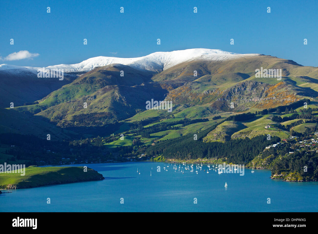 Lyttelton Harbour, yachts amarrés par Diamond Harbor township, et la neige sur la péninsule de Banks, Christchurch, Canterbury, Nouvelle-Zélande Banque D'Images