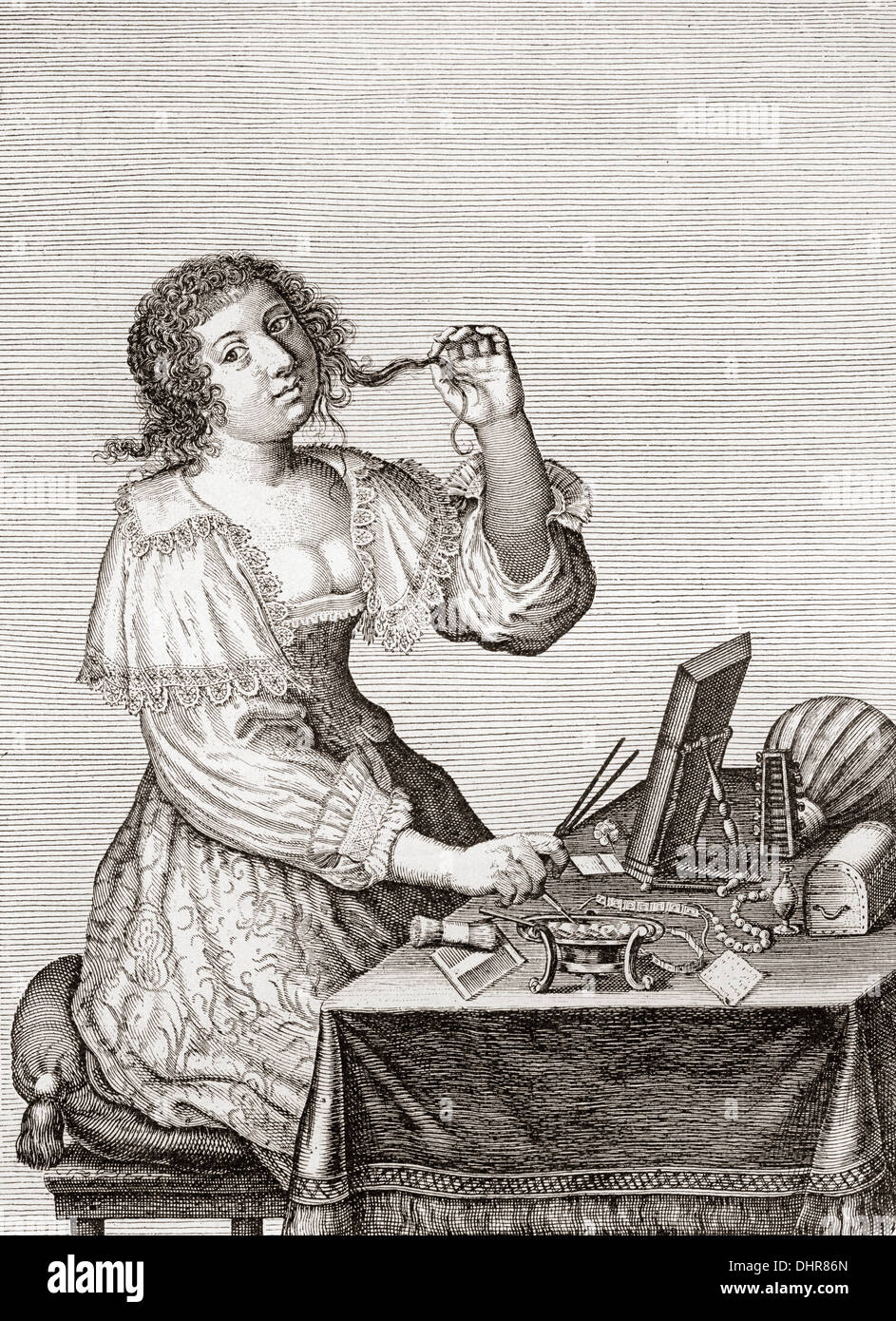 Une dame à sa toilette, après une gravure du 17ème siècle par le blond. Banque D'Images