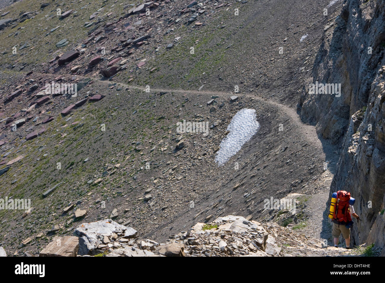 Un randonneur descend une pente raide de la section du sentier du Haut-Plateau dans le Glacier National Park, Montana. Banque D'Images