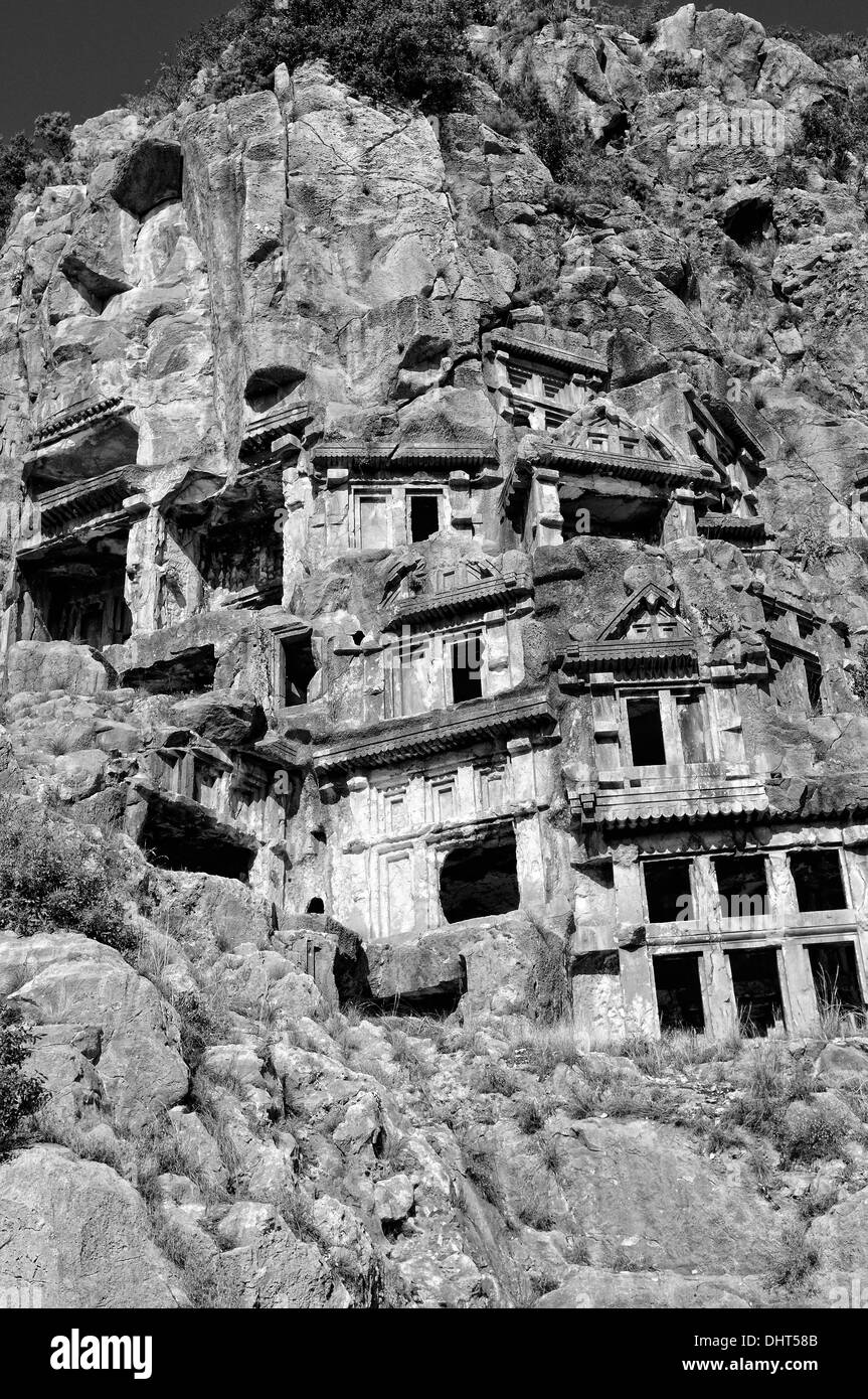 Tombes falaise Myra Turquie noir et blanc Banque D'Images