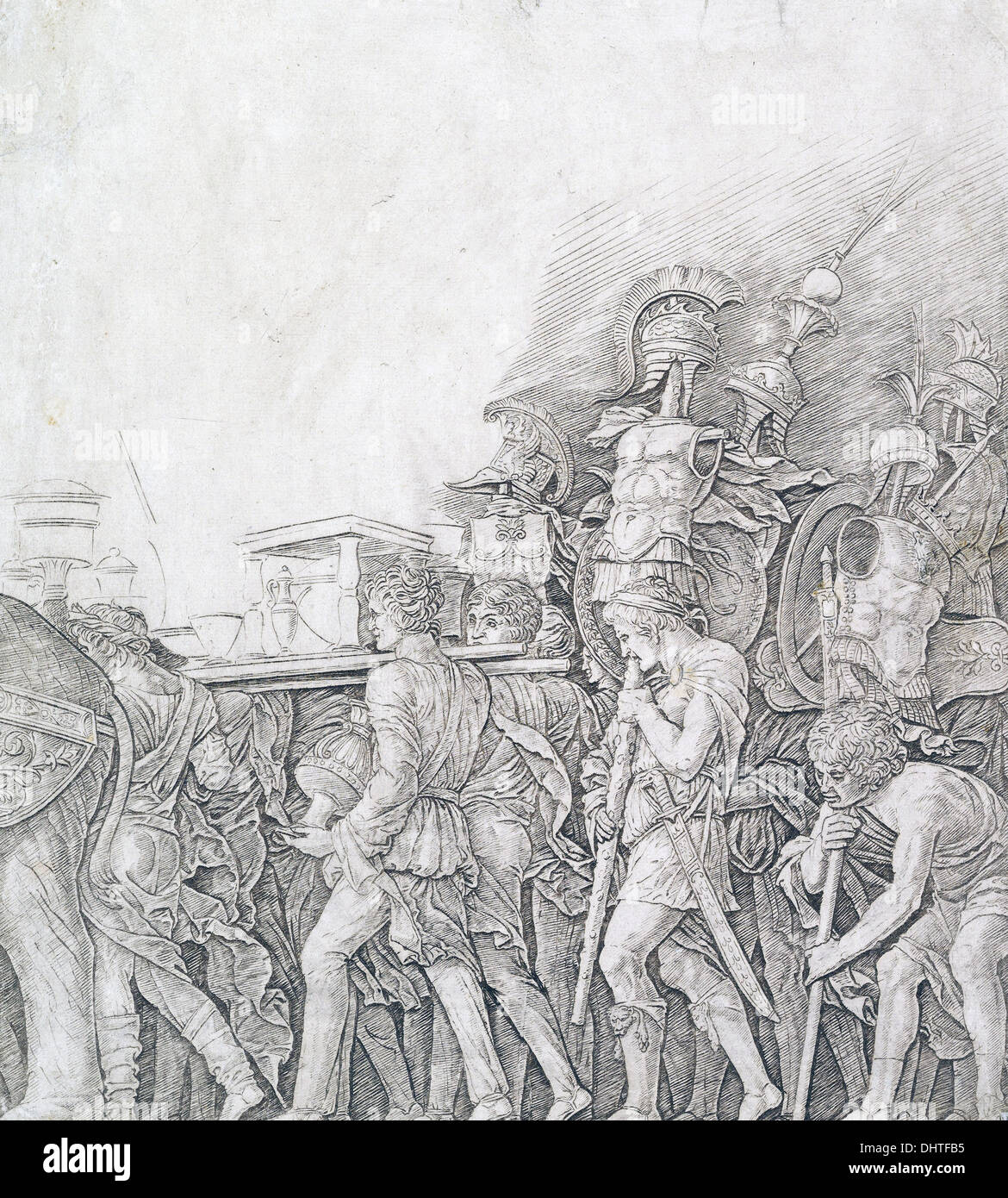 Triomphe de César : soldats transportant des trophées - Gravure par l'École d'Andrea Mantegna 1490 Banque D'Images