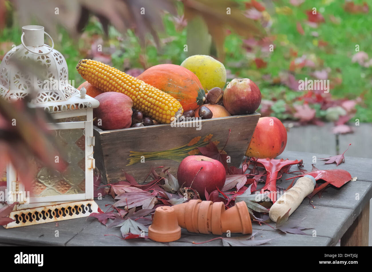 Les fruits et légumes de l'automne sur table avec des outils et petits pots Banque D'Images