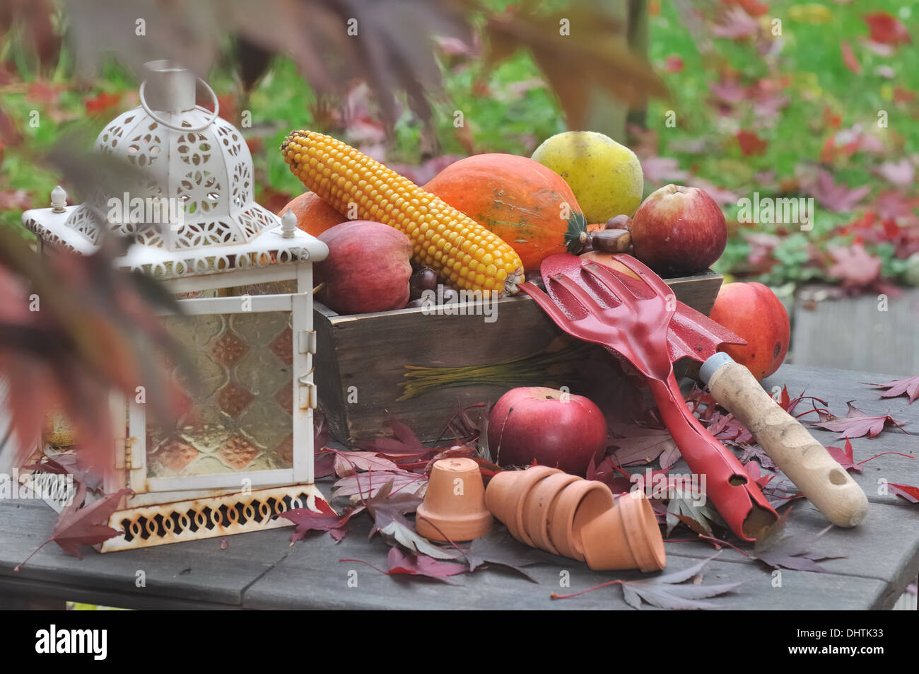 Les fruits et légumes de l'automne sur table avec des outils et petits pots Banque D'Images