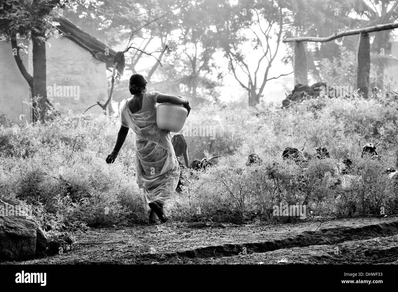 Femme indienne portant un pot en plastique avec de l'eau d'une pompe manuelle dans un village de l'Inde rurale. L'Andhra Pradesh, Inde. Noir et blanc. Banque D'Images