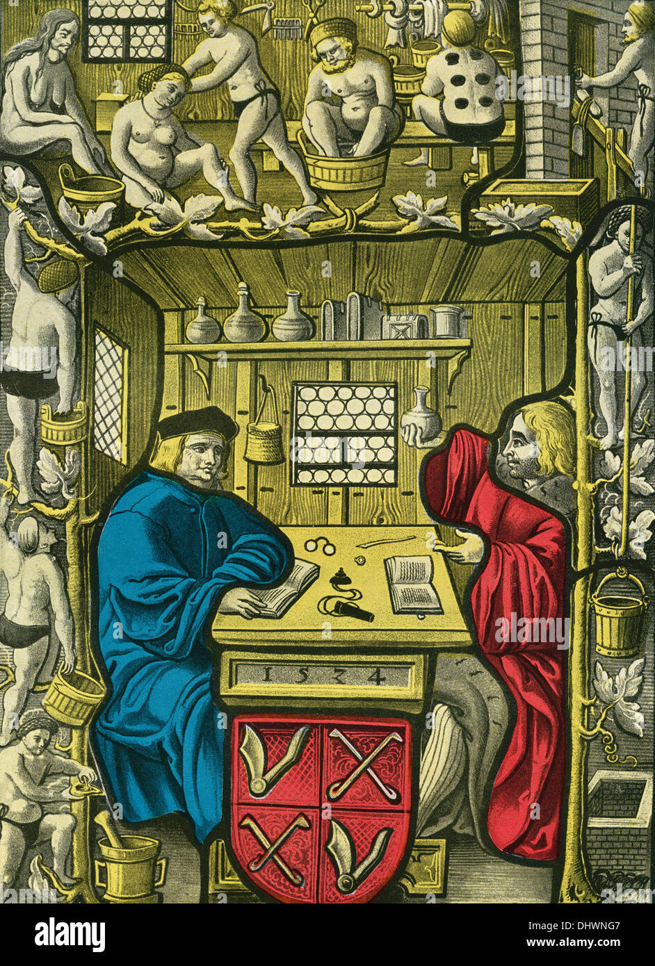 Société des chirurgiens et les baigneurs, Suisse après une peinture sur verre à partir de 1524. Banque D'Images