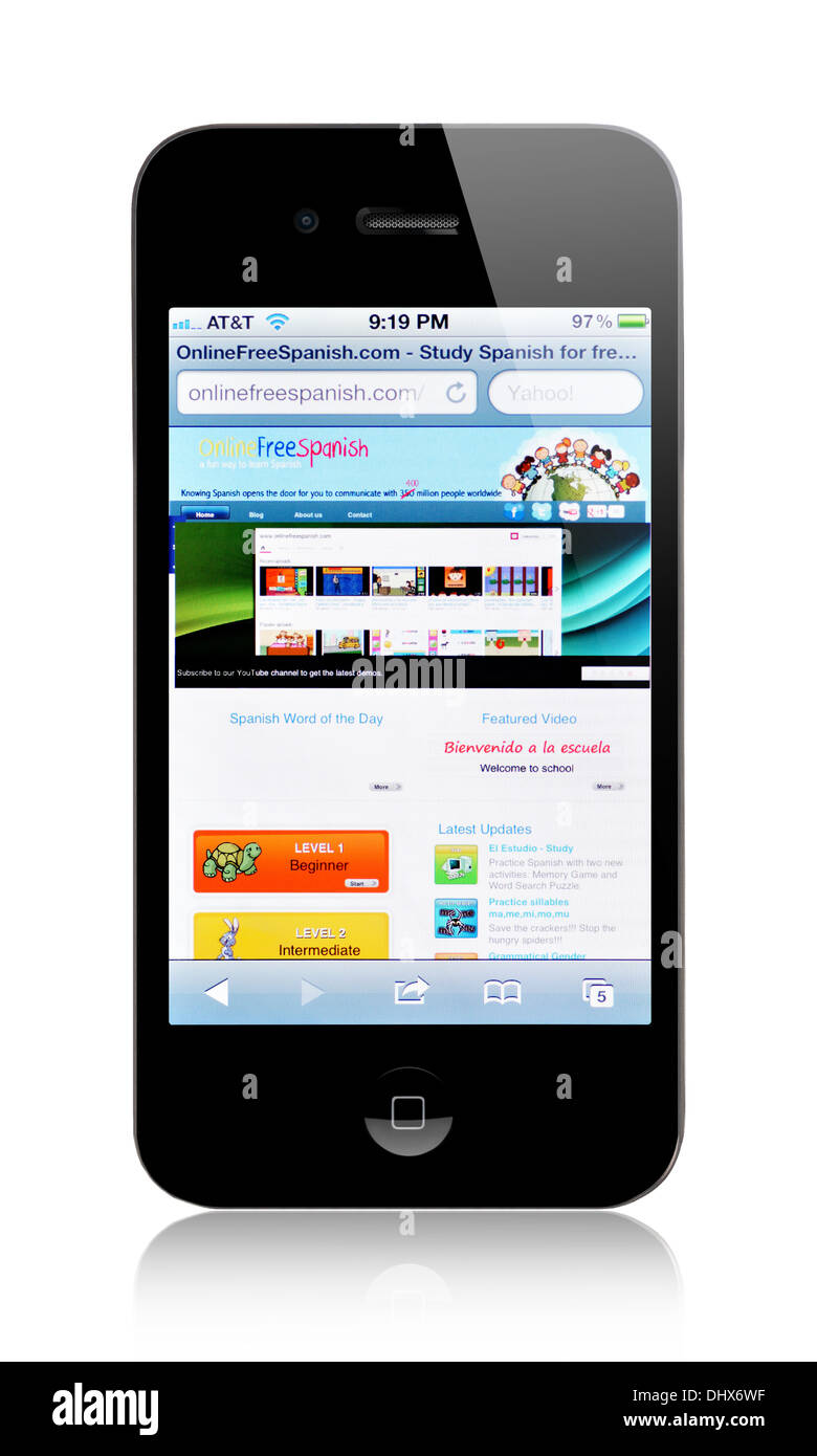 Montrant l'écran de l'iPhone site pour apprendre la langue espagnole Banque D'Images