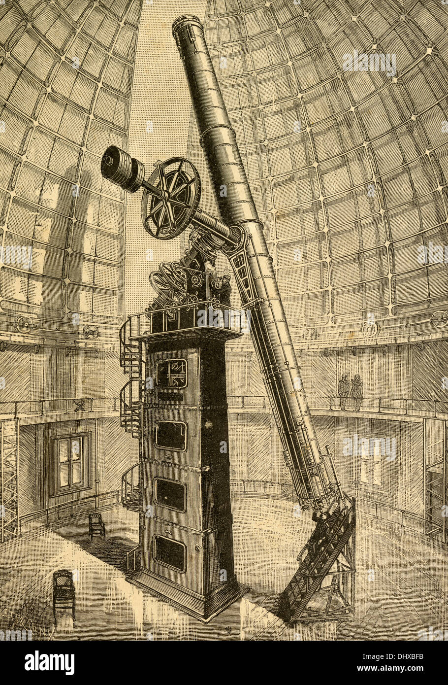 1897 gravure, le Grand Télescope de l'Observatoire Lick, ouverture 36 cm, longueur 57 pieds. Banque D'Images