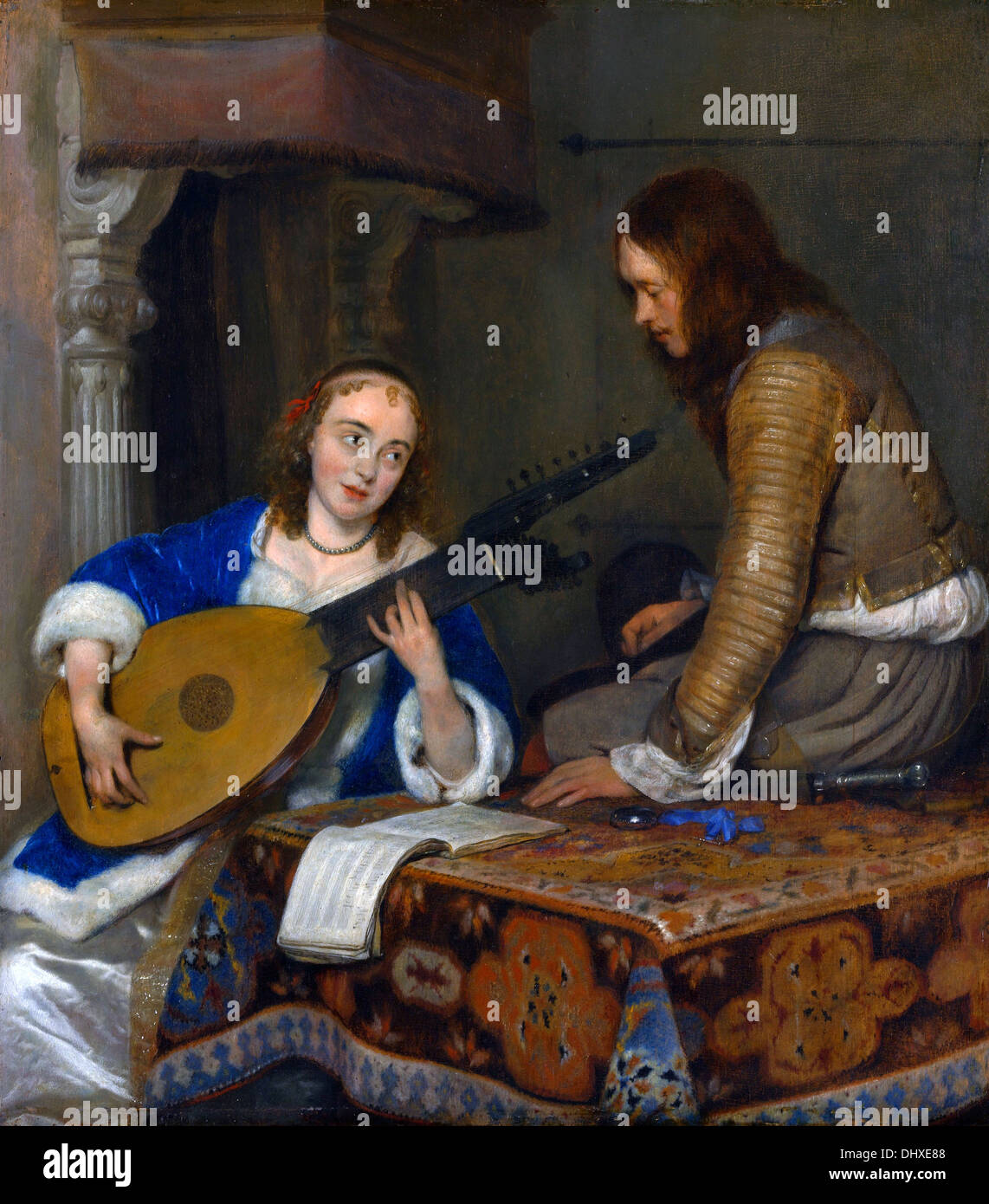 Une femme jouant le luth théorbe et un cavalier - par Gerard Ter Borch le Jeune, 1658 Banque D'Images