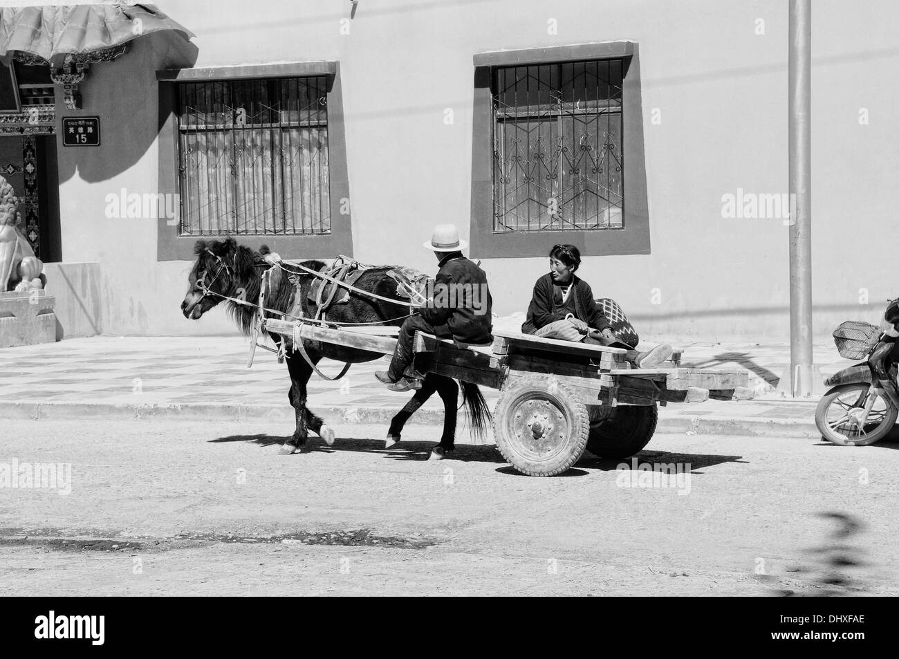 Cheval et panier en noir et blanc du Tibet Banque D'Images