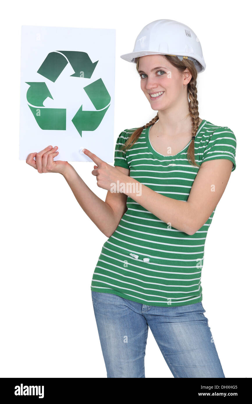 Femme avec l'affiche de recyclage Banque D'Images
