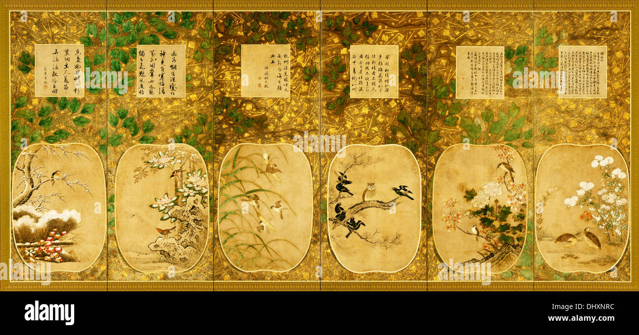 Oiseaux et fleurs des douze derniers mois avec la calligraphie chinoise - par l'école Kano, 1553 Banque D'Images