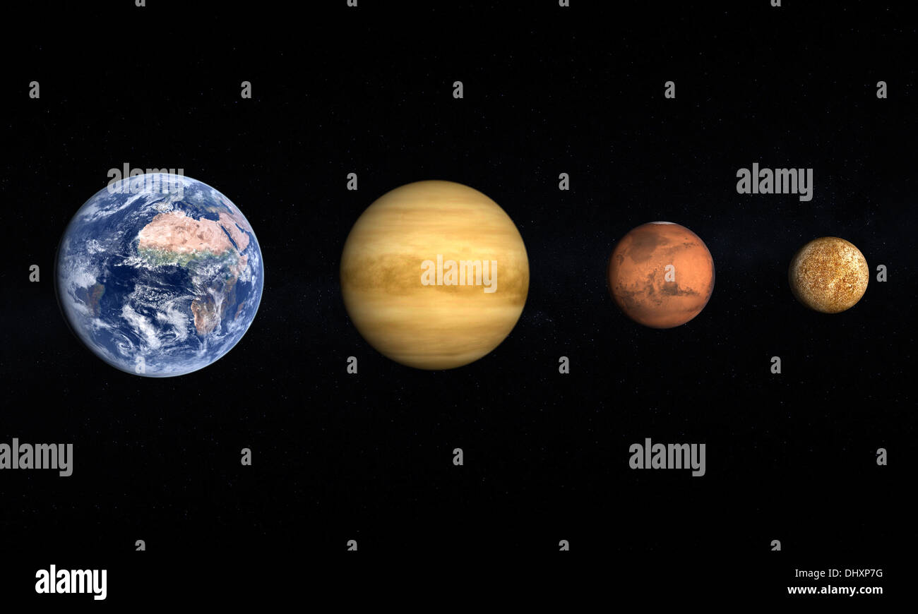 Une comparaison entre les planètes Terre, Vénus, Mars et la lune sur un fond étoilé. Banque D'Images