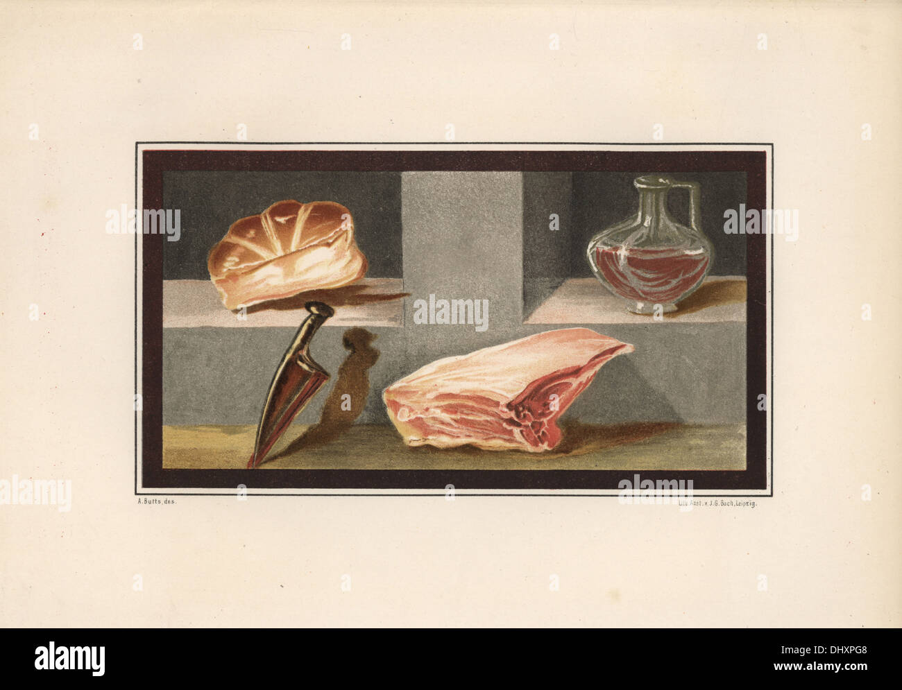 Peinture d'une vie encore montrant de la viande, du vin, du pain et un couteau à partir de la chambre 16, à l'ala Regio IX, Insula V. Banque D'Images