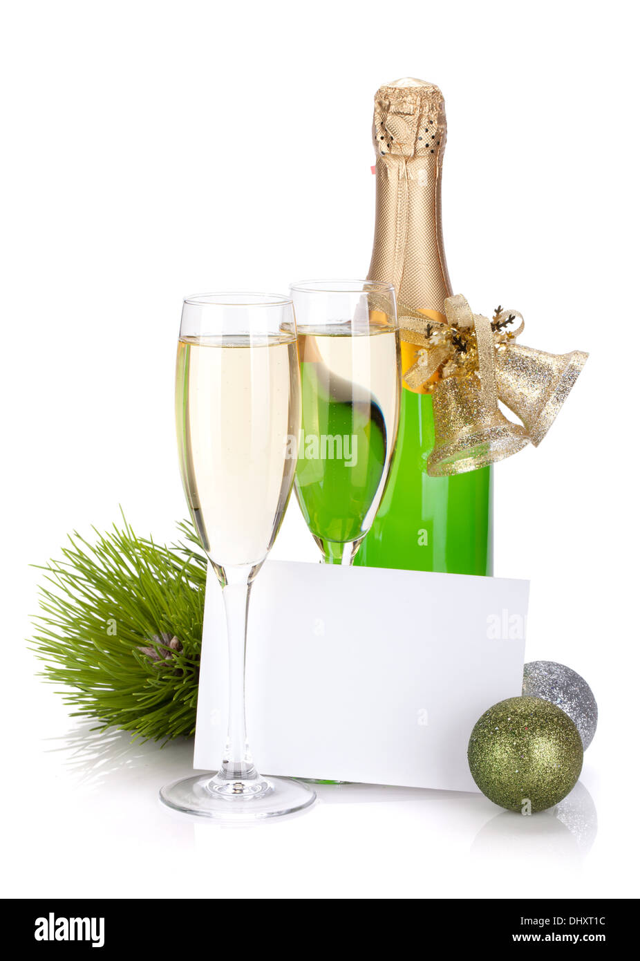 Champagne, carte vide et décorations de Noël. Isolé sur fond blanc Banque D'Images