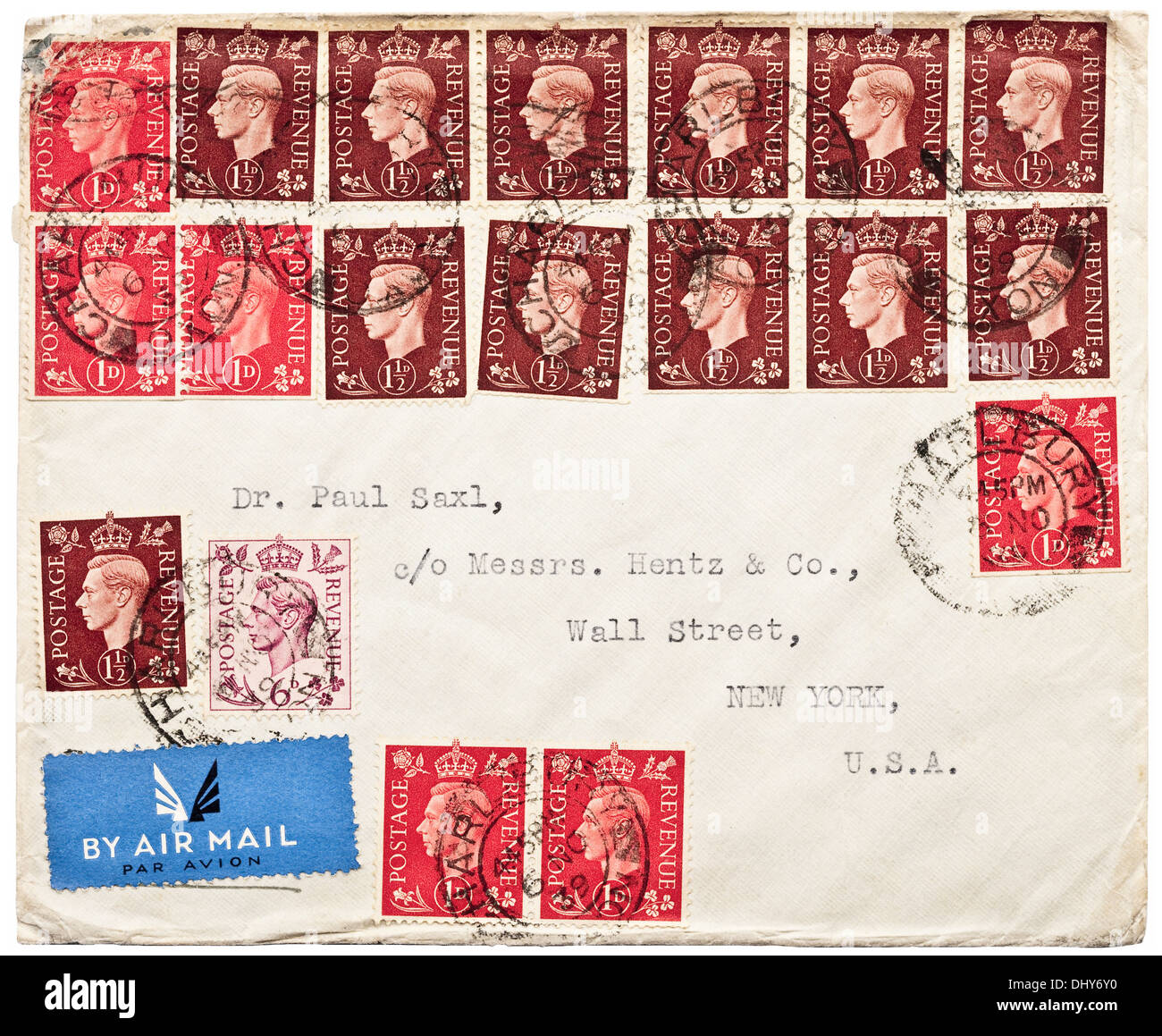 1939 British war-time air-mail enveloppe avec 2/6d du roi George VI multiples les valeurs des timbres qu'il a adressées à l'Amérique. Banque D'Images