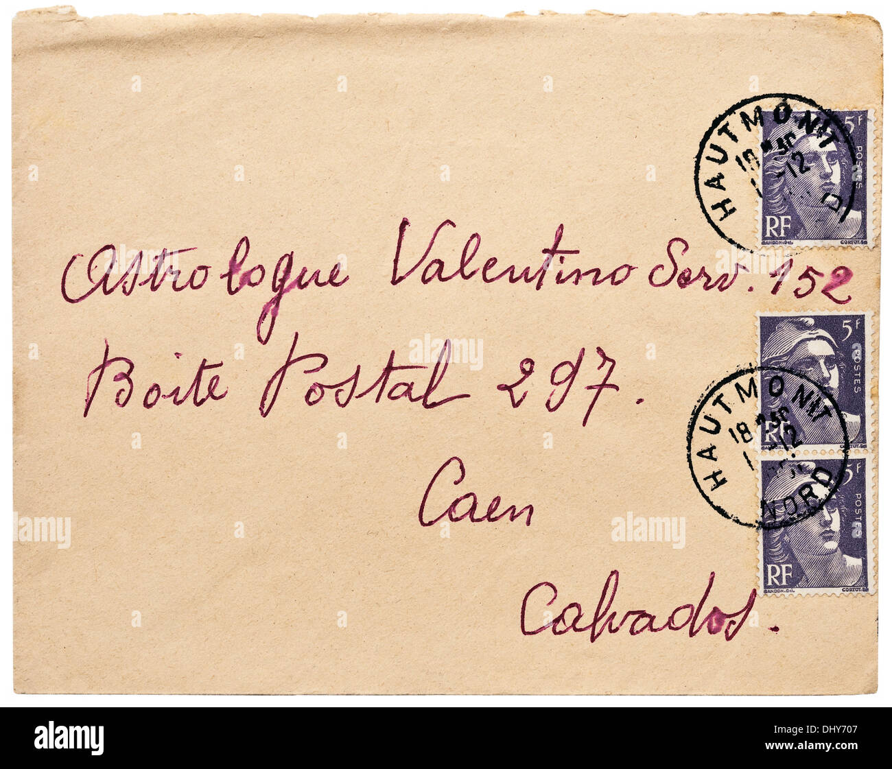 1951 enveloppe à l'adresse de l'astrologue Français Valentino, Caen, France 3 avec Marianne de Gandon timbres apposés. Banque D'Images