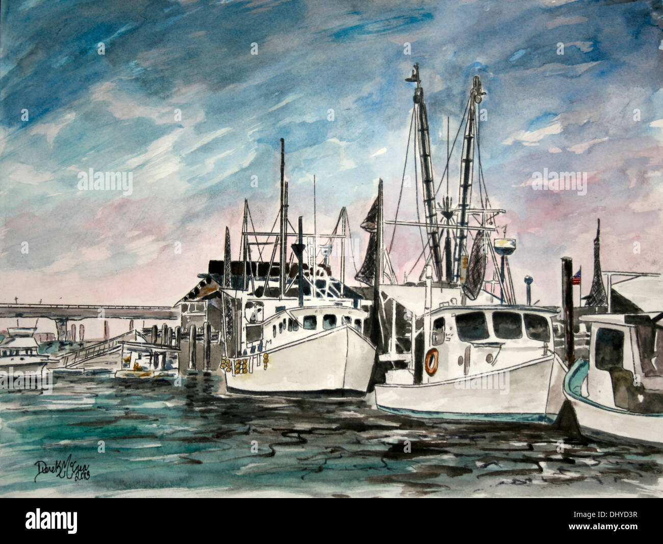 Aquarelle nautique bateaux de crevettes Banque D'Images