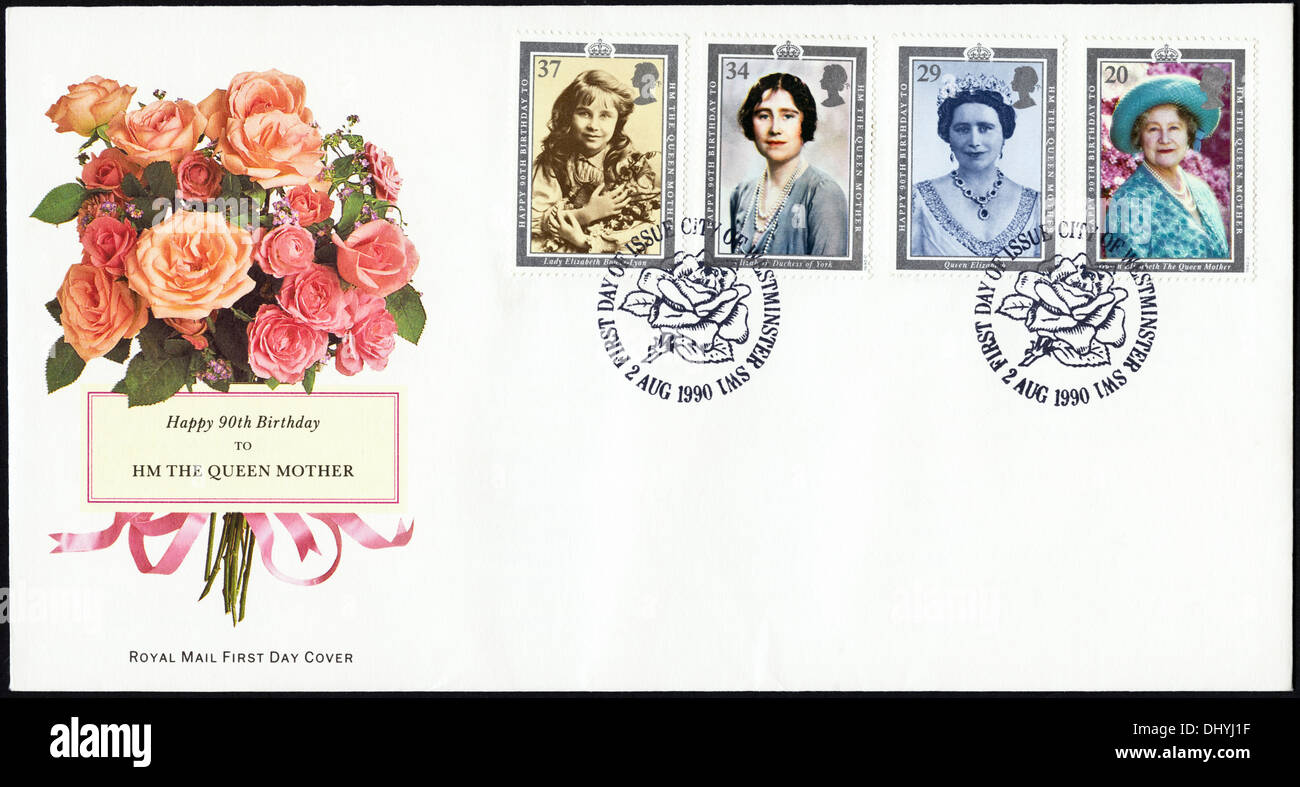 Royal Mail commémorative 20p 29p 34p et 37p timbre enveloppe premier jour pour la reine mère 90e anniversaire cachet question Ville de Westminster le 2 août 1990 Banque D'Images
