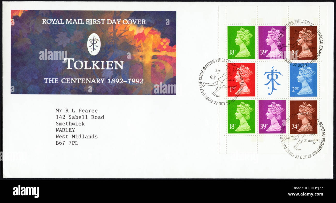 Royal Mail commémorative 18p 24p 39p 1er & 2ème pli premier jour des timbres pour le Centenaire 1892 - 1992 Tolkien cachet question Edinburgh 27 Octobre 1992 Banque D'Images