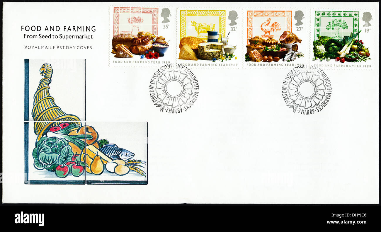 Royal Mail commémorative 19p 27p 32p et 35p timbre enveloppe premier jour pour l'alimentation et l'agriculture à Stoneleigh Warwickshire Kenilworth cachet question 7 Mars 1989 Banque D'Images