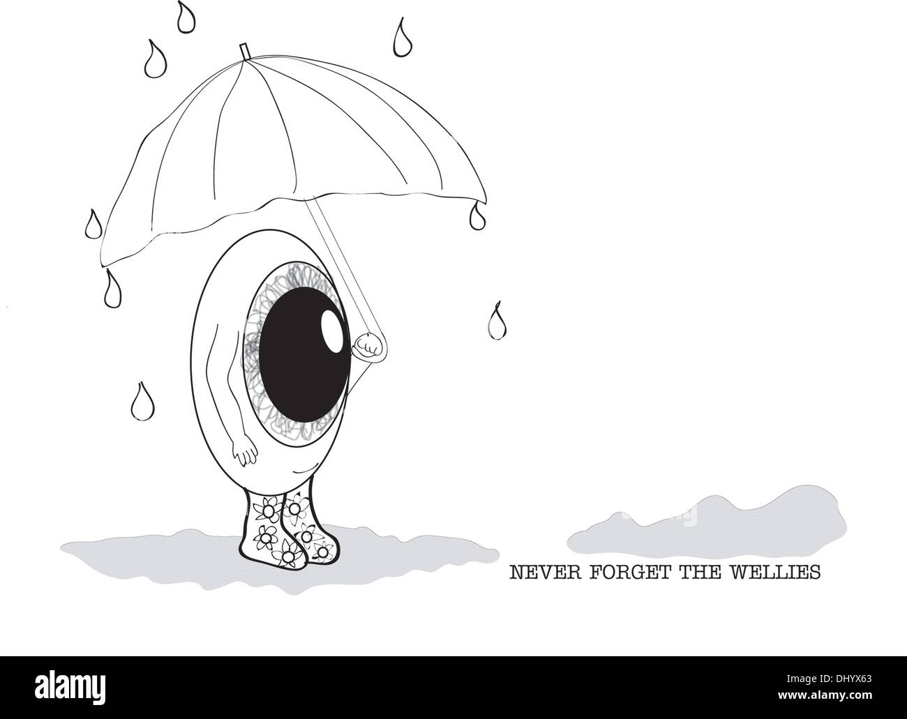 Globe oculaire dans la pluie portant wellies et à l'aide d'un parasol Banque D'Images