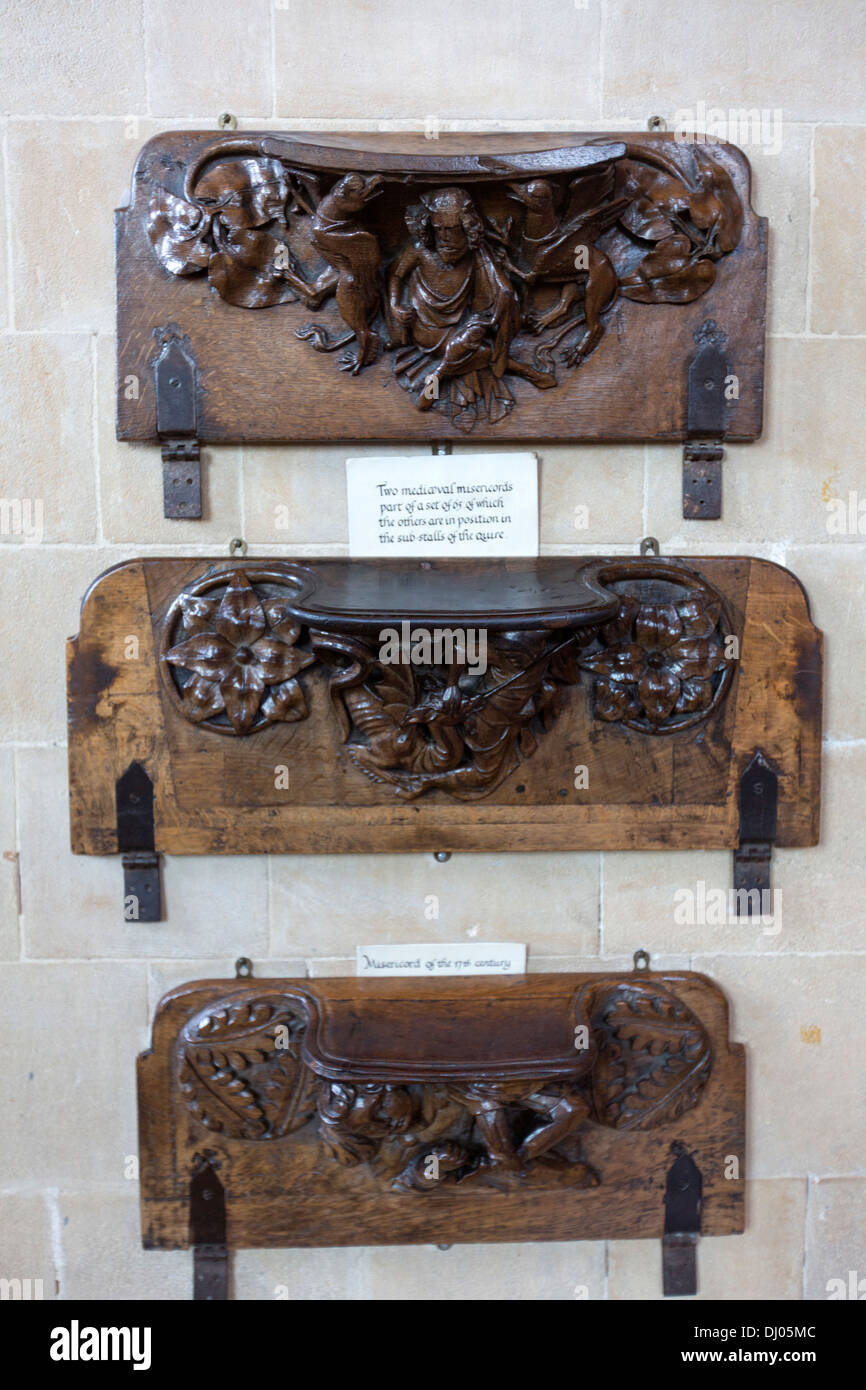 En miséricordes Wells Cathedral, Eglise d'Angleterre, Somerset, UK Banque D'Images