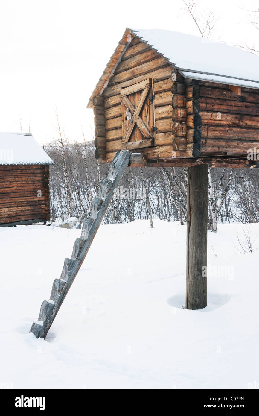 Une jeune fille explore un gazon Sami Hut (Darfegoahti) dans une forêt d'hiver, Abisko (Suède) Banque D'Images