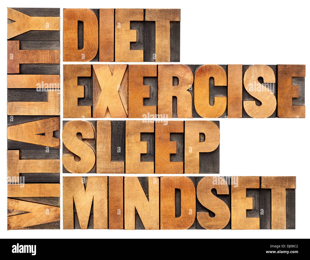 L'alimentation, le sommeil, l'exercice et d'esprit - Vitalité - concept mot isolé en résumé la typographie vintage type de bois Banque D'Images