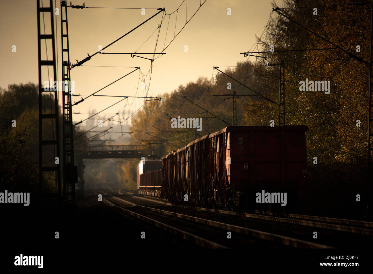 Gemischter Güterzug mit Décrets d-x Samms und auf der Rollbahn (KBS385 Wanne Eikel-Hamburg 0 KM112) Osnabrück (Nov 2013) Banque D'Images