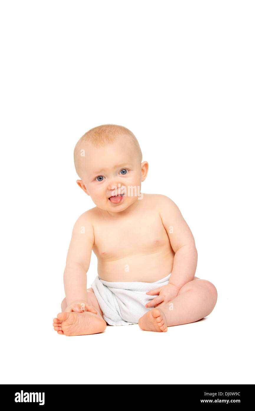 Bebe Sam Isole Sur Un Fond Blanc Regardant La Camera Tirant La Langue Photo Stock Alamy