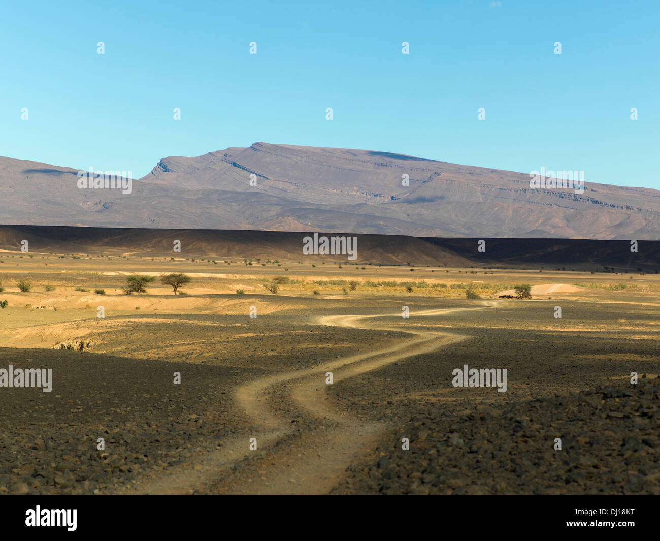 Les traces de pneus dans la terre un paysage plat avec des montagnes en arrière-plan et un ciel bleu Banque D'Images